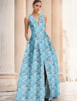 Jacquard Brocade Floral A-Line Evening Gown Elegant Dress Formal Wedding Floor Length Sleeveless V Neck Nylon with Slit Pocket Wedding Guest Dress