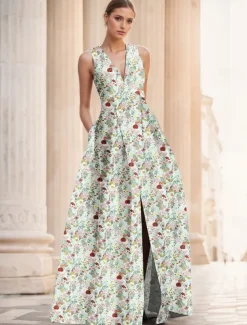 Jacquard Brocade Floral A-Line Evening Gown Elegant Dress Formal Wedding Floor Length Sleeveless V Neck Nylon with Slit Pocket Wedding Guest Dress