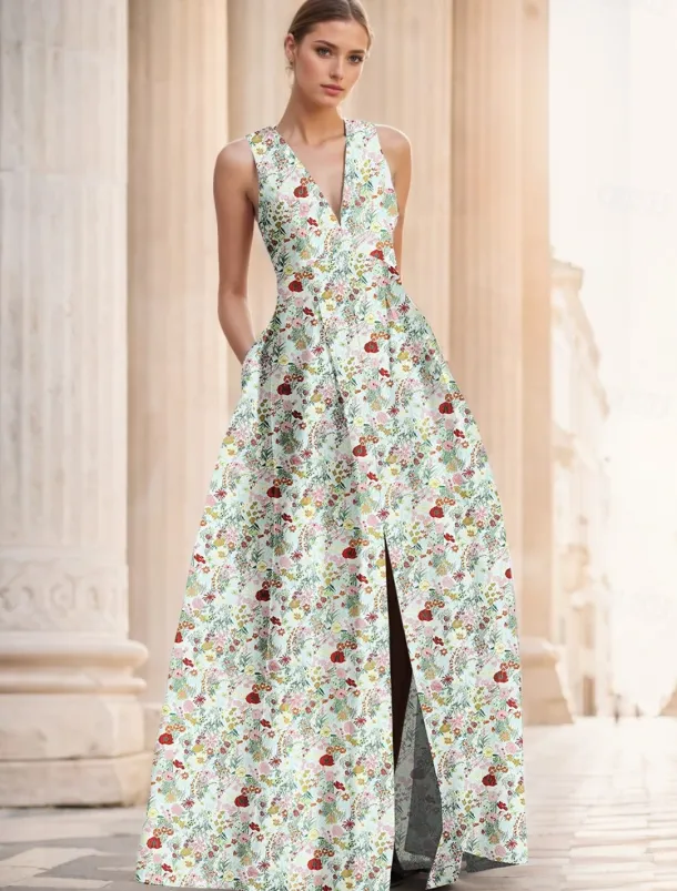 Jacquard Brocade Floral A-Line Evening Gown Elegant Dress Formal Wedding Floor Length Sleeveless V Neck Nylon with Slit Pocket Wedding Guest Dress