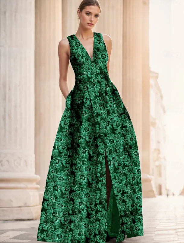 Jacquard Brocade Floral A-Line Evening Gown Elegant Dress Formal Wedding Floor Length Sleeveless V Neck Nylon with Slit Pocket Wedding Guest Dress