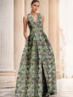 Jacquard Brocade Floral A-Line Evening Gown Elegant Dress Formal Wedding Floor Length Sleeveless V Neck Nylon with Slit Pocket Wedding Guest Dress