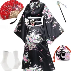 Japanese Anime Women's Kimono Robe Geisha Yukata Sweet Dress Blossom Satin Bathrobe Sleepwear Fans Socks Hair Accessories Purse 5 PCS