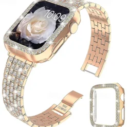 Jewelry Bracelet Compatible with Apple Watch band 38mm 40mm 41mm 42mm 44mm 45mm 49mm with Case Women Bling Diamond Stainless Steel Rhinestone Strap Replacement Wristband for iwatch Ultra 2 Series 9 8