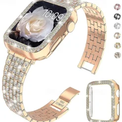 Jewelry Bracelet Compatible with Apple Watch band 38mm 40mm 41mm 42mm 44mm 45mm 49mm with Case Women Bling Diamond Stainless Steel Rhinestone Strap Replacement Wristband for iwatch Ultra 2 Series 9 8