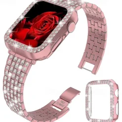 Jewelry Bracelet Compatible with Apple Watch band 38mm 40mm 41mm 42mm 44mm 45mm 49mm with Case Women Bling Diamond Stainless Steel Rhinestone Strap Replacement Wristband for iwatch Ultra 2 Series 9 8