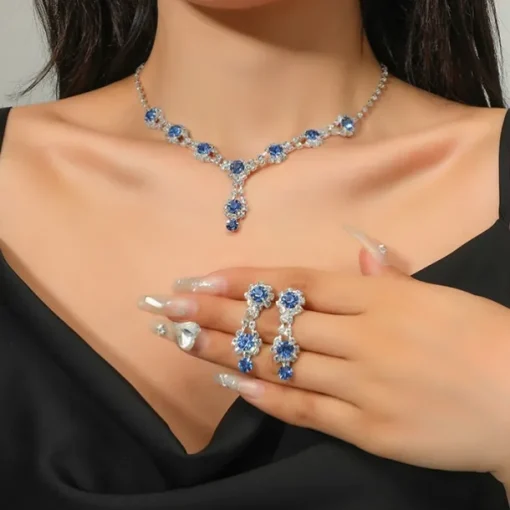 Jewelry Set Two-piece Suit Blue Rhinestone Rhinestone 1 Necklace Earrings Women's Elegant Vintage Fashion Vintage Style Classic Jewelry Set For Wedding Party
