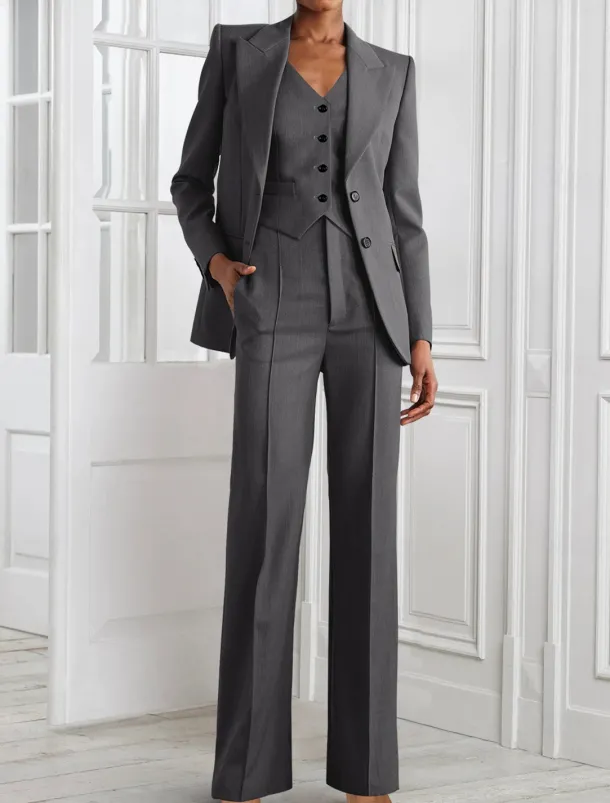 Jumpsuit / Pantsuit 3 Piece Pantsuit Mother of the Bride Tailored Blazer Set Elegant Vintage Simple V Neck Peak Lapel Floor Length Long Sleeve with Buttons