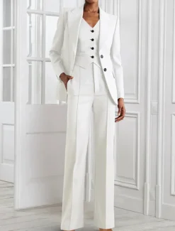 Jumpsuit / Pantsuit 3 Piece Pantsuit Mother of the Bride Tailored Blazer Set Elegant Vintage Simple V Neck Peak Lapel Floor Length Long Sleeve with Buttons