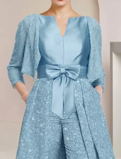 Jumpsuit / Pantsuit 3 Piece Mother of the Bride Formal Elegant Sparkle & Shine Scoop Neck Ankle Length Sequined 3/4 Length Sleeve Wrap Included with Bow(s) Ruched free custom size