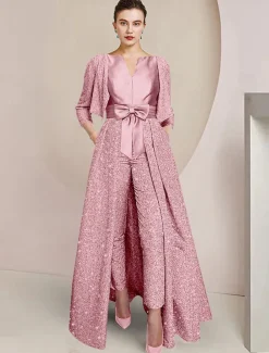 Jumpsuit / Pantsuit 3 Piece Mother of the Bride Formal Elegant Sparkle & Shine Scoop Neck Ankle Length Sequined 3/4 Length Sleeve Wrap Included with Bow(s) Ruched free custom size