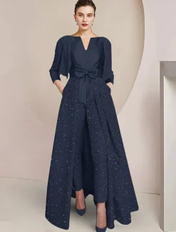 Jumpsuit / Pantsuit 3 Piece Mother of the Bride Formal Elegant Sparkle & Shine Scoop Neck Ankle Length Sequined 3/4 Length Sleeve Wrap Included with Bow(s) Ruched free custom size