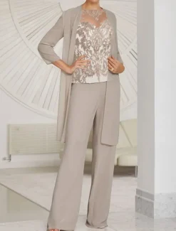 Jumpsuit / Pantsuit 3 Piece Mother of the Bride Wedding Guest Elegant Illusion Neck Floor Length Chiffon Lace Long Sleeve with Ruching Solid Color free custom size