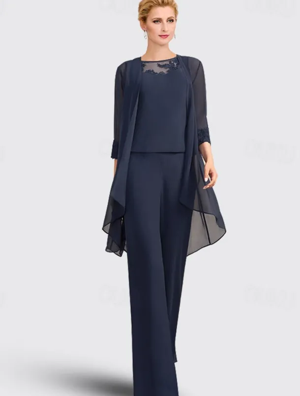 Jumpsuit / Pantsuit 3 Piece Mother of the Bride Formal Wedding Guest Elegant Plus Size Jewel Neck Floor Length Chiffon Lace Sleeveless with Appliques free custom size