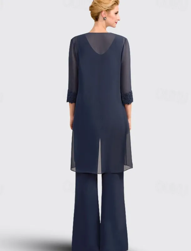 Jumpsuit / Pantsuit 3 Piece Mother of the Bride Formal Wedding Guest Elegant Plus Size Jewel Neck Floor Length Chiffon Lace Sleeveless with Appliques free custom size