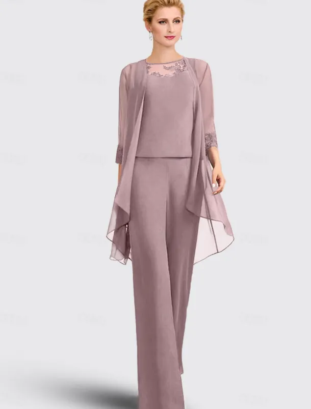 Jumpsuit / Pantsuit 3 Piece Mother of the Bride Formal Wedding Guest Elegant Plus Size Jewel Neck Floor Length Chiffon Lace Sleeveless with Appliques free custom size