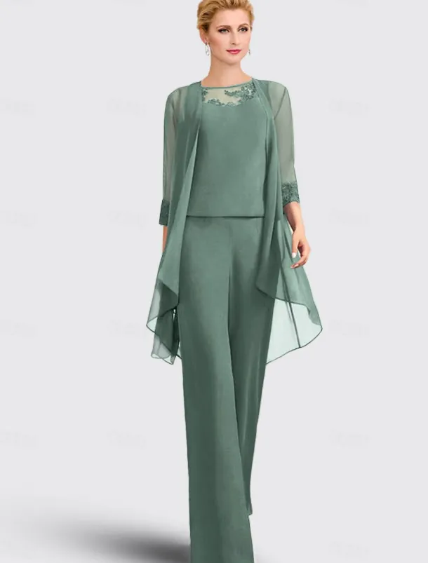 Jumpsuit / Pantsuit 3 Piece Mother of the Bride Formal Wedding Guest Elegant Plus Size Jewel Neck Floor Length Chiffon Lace Sleeveless with Appliques free custom size