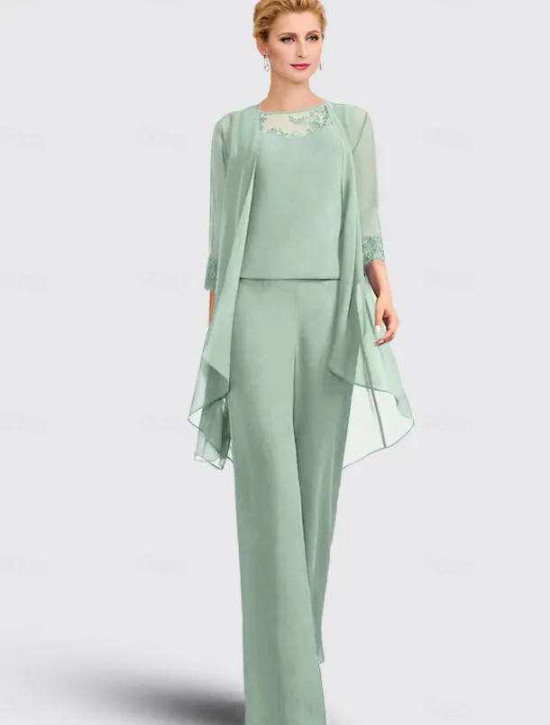 Jumpsuit / Pantsuit 3 Piece Mother of the Bride Formal Wedding Guest Elegant Plus Size Jewel Neck Floor Length Chiffon Lace Sleeveless with Appliques free custom size