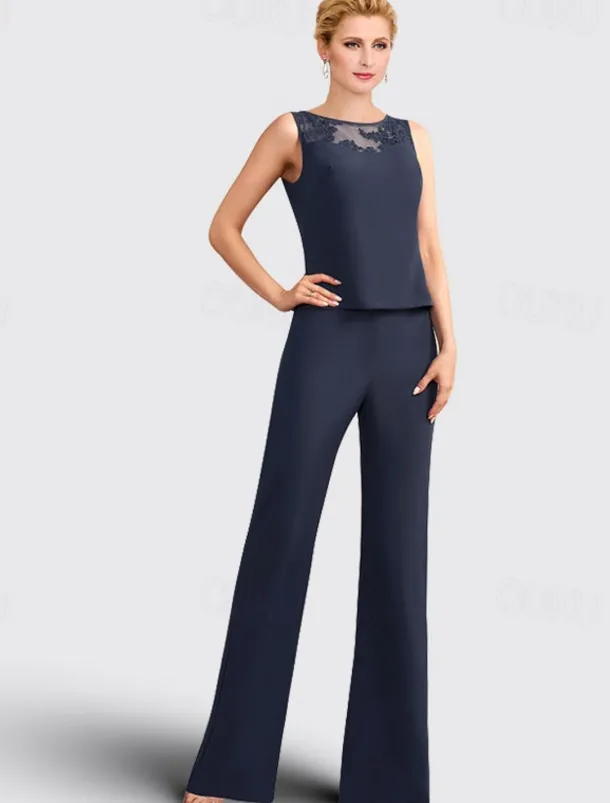 Jumpsuit / Pantsuit 3 Piece Mother of the Bride Formal Wedding Guest Elegant Plus Size Jewel Neck Floor Length Chiffon Lace Sleeveless with Appliques free custom size