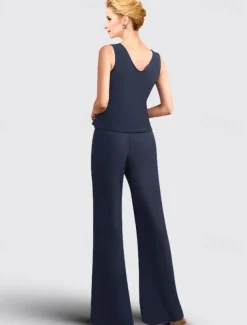 Jumpsuit / Pantsuit 3 Piece Mother of the Bride Formal Wedding Guest Elegant Plus Size Jewel Neck Floor Length Chiffon Lace Sleeveless with Appliques free custom size