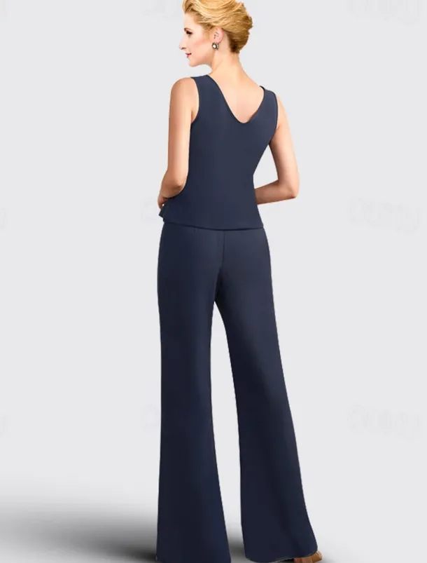 Jumpsuit / Pantsuit 3 Piece Mother of the Bride Formal Wedding Guest Elegant Plus Size Jewel Neck Floor Length Chiffon Lace Sleeveless with Appliques free custom size