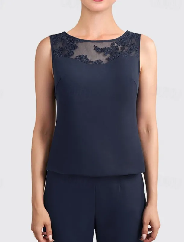 Jumpsuit / Pantsuit 3 Piece Mother of the Bride Formal Wedding Guest Elegant Plus Size Jewel Neck Floor Length Chiffon Lace Sleeveless with Appliques free custom size