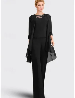 Jumpsuit / Pantsuit 3 Piece Mother of the Bride Formal Wedding Guest Elegant Plus Size Jewel Neck Floor Length Chiffon Lace Sleeveless with Appliques free custom size