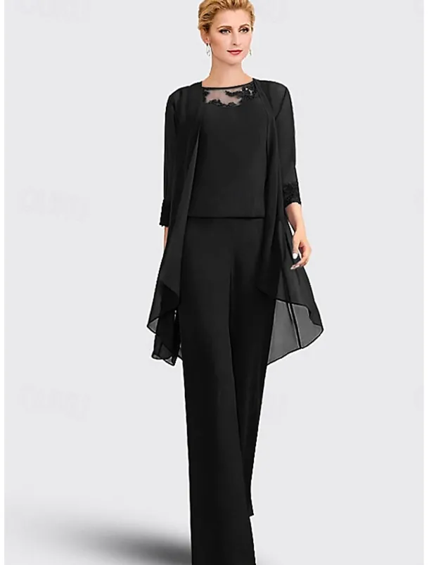 Jumpsuit / Pantsuit 3 Piece Mother of the Bride Formal Wedding Guest Elegant Plus Size Jewel Neck Floor Length Chiffon Lace Sleeveless with Appliques free custom size