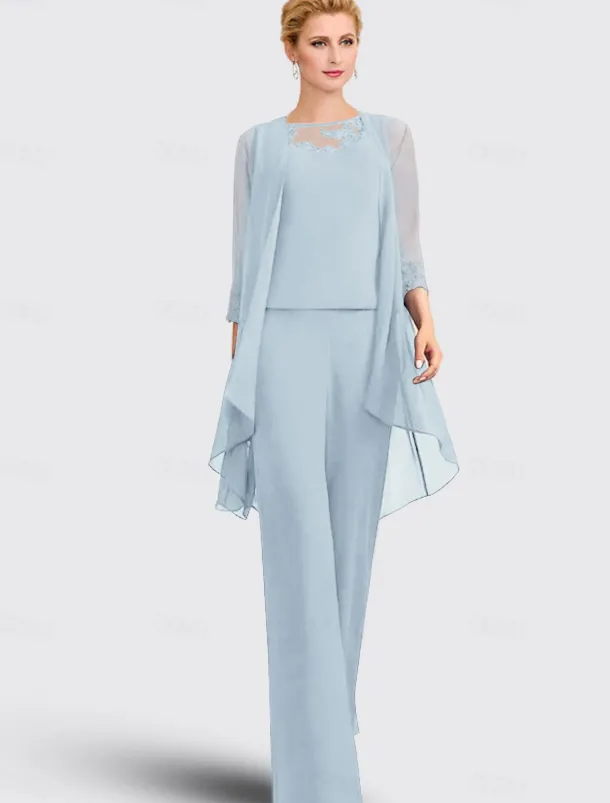 Jumpsuit / Pantsuit 3 Piece Mother of the Bride Formal Wedding Guest Elegant Plus Size Jewel Neck Floor Length Chiffon Lace Sleeveless with Appliques free custom size