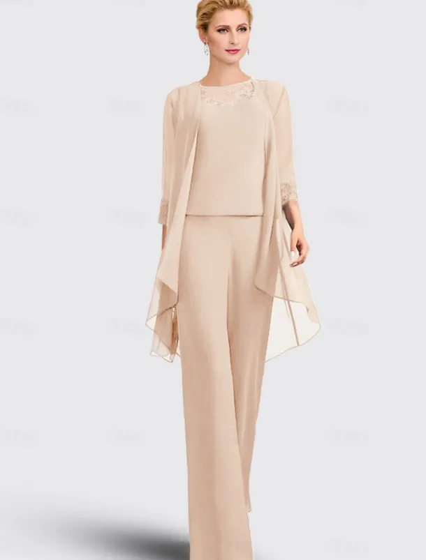 Jumpsuit / Pantsuit 3 Piece Mother of the Bride Formal Wedding Guest Elegant Plus Size Jewel Neck Floor Length Chiffon Lace Sleeveless with Appliques free custom size