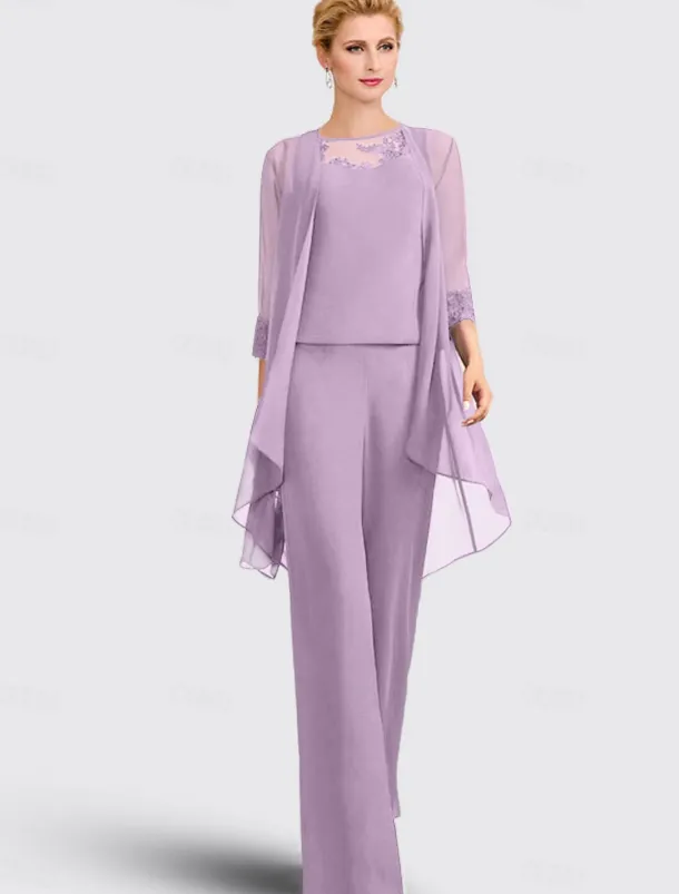 Jumpsuit / Pantsuit 3 Piece Mother of the Bride Formal Wedding Guest Elegant Plus Size Jewel Neck Floor Length Chiffon Lace Sleeveless with Appliques free custom size
