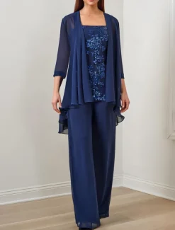 Jumpsuit / Pantsuit 3 Piece Mother of the Bride Formal Wedding Guest Elegant Square Neck Floor Length Chiffon Sequined 3/4 Length Sleeve with Sequin Appliques free custom size