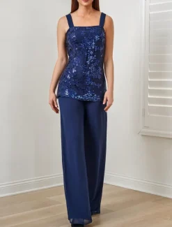 Jumpsuit / Pantsuit 3 Piece Mother of the Bride Formal Wedding Guest Elegant Square Neck Floor Length Chiffon Sequined 3/4 Length Sleeve with Sequin Appliques free custom size