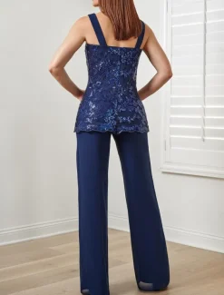 Jumpsuit / Pantsuit 3 Piece Mother of the Bride Formal Wedding Guest Elegant Square Neck Floor Length Chiffon Sequined 3/4 Length Sleeve with Sequin Appliques free custom size