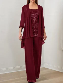 Jumpsuit / Pantsuit 3 Piece Mother of the Bride Formal Wedding Guest Elegant Square Neck Floor Length Chiffon Sequined 3/4 Length Sleeve with Sequin Appliques free custom size