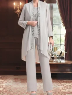 Jumpsuit / Pantsuit 3 Piece Pantsuit Mother of the Bride Dress Elegant Vintage Simple Boat Neck Floor Length Chiffon Polyester Sleeveless Long Sleeve with Lace Sequin Embroidery