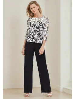 Jumpsuit / Pantsuit Floral Piping Lace Mother of the Bride Dress Elegant Simple Casual Crew Neck Ankle Length Crepe Lace 3/4 Length Sleeve