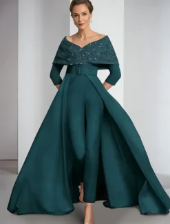 Jumpsuit / Pantsuit Mother of the Bride Elegant Vintage Off Shoulder Floor Length Stretch Fabric 3/4 Length Sleeve with Sequin Appliques