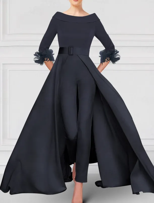 Jumpsuit / Pantsuit Mother of the Bride Elegant Party Scoop Neck Off Shoulder Ankle Length Stretch Fabric 3/4 Length Sleeve with Feather Sash / Ribbon