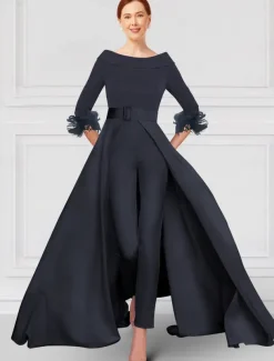 Jumpsuit / Pantsuit Mother of the Bride Elegant Party Scoop Neck Off Shoulder Ankle Length Stretch Fabric 3/4 Length Sleeve with Feather Sash / Ribbon