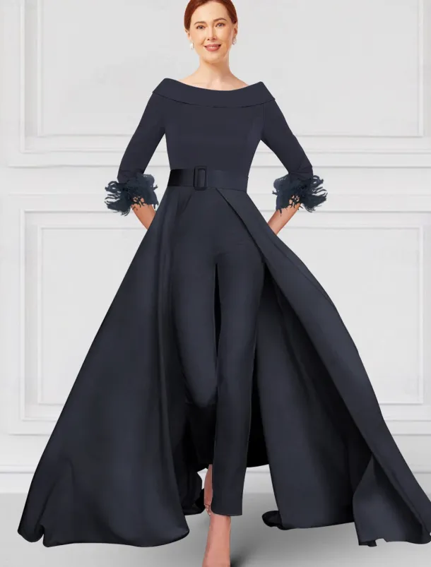 Jumpsuit / Pantsuit Mother of the Bride Elegant Party Scoop Neck Off Shoulder Ankle Length Stretch Fabric 3/4 Length Sleeve with Feather Sash / Ribbon