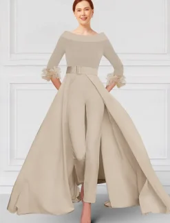 Jumpsuit / Pantsuit Mother of the Bride Elegant Party Scoop Neck Off Shoulder Ankle Length Stretch Fabric 3/4 Length Sleeve with Feather Sash / Ribbon