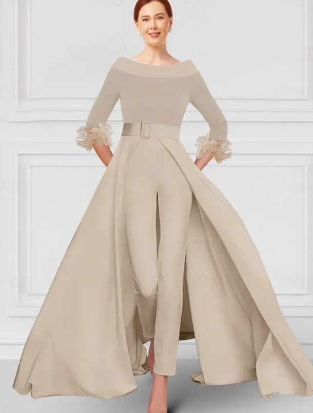 Jumpsuit / Pantsuit Mother of the Bride Elegant Party Scoop Neck Off Shoulder Ankle Length Stretch Fabric 3/4 Length Sleeve with Feather Sash / Ribbon