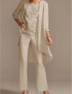 Jumpsuit / Pantsuit Mother of the Bride Formal Wedding Guest Elegant Jewel Neck Floor Length Chiffon Lace 3/4 Length Sleeve with Beading Appliques free custom size