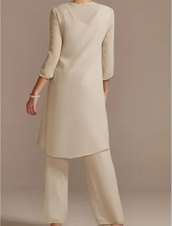 Jumpsuit / Pantsuit Mother of the Bride Formal Wedding Guest Elegant Jewel Neck Floor Length Chiffon Lace 3/4 Length Sleeve with Beading Appliques free custom size