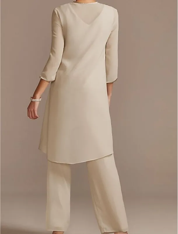Jumpsuit / Pantsuit Mother of the Bride Formal Wedding Guest Elegant Jewel Neck Floor Length Chiffon Lace 3/4 Length Sleeve with Beading Appliques free custom size