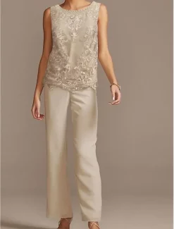 Jumpsuit / Pantsuit Mother of the Bride Formal Wedding Guest Elegant Jewel Neck Floor Length Chiffon Lace 3/4 Length Sleeve with Beading Appliques free custom size