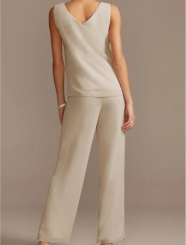 Jumpsuit / Pantsuit Mother of the Bride Formal Wedding Guest Elegant Jewel Neck Floor Length Chiffon Lace 3/4 Length Sleeve with Beading Appliques free custom size