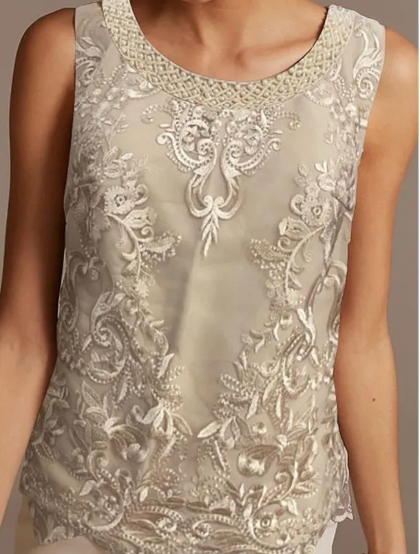 Jumpsuit / Pantsuit Mother of the Bride Formal Wedding Guest Elegant Jewel Neck Floor Length Chiffon Lace 3/4 Length Sleeve with Beading Appliques free custom size