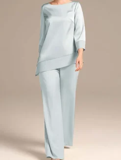 Jumpsuit / Pantsuit Mother of the Bride Elegant Simple Minimalist Boat Neck Floor Length Satin 3/4 Length Sleeve Wrap Included with Solid Color