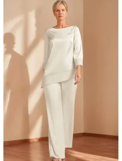 Jumpsuit / Pantsuit Mother of the Bride Elegant Simple Minimalist Boat Neck Floor Length Satin 3/4 Length Sleeve Wrap Included with Solid Color